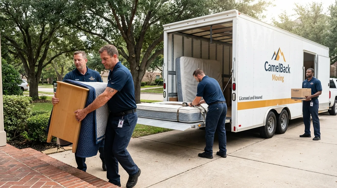 Crew loading residential truck for cross-state move from Chatham, IL