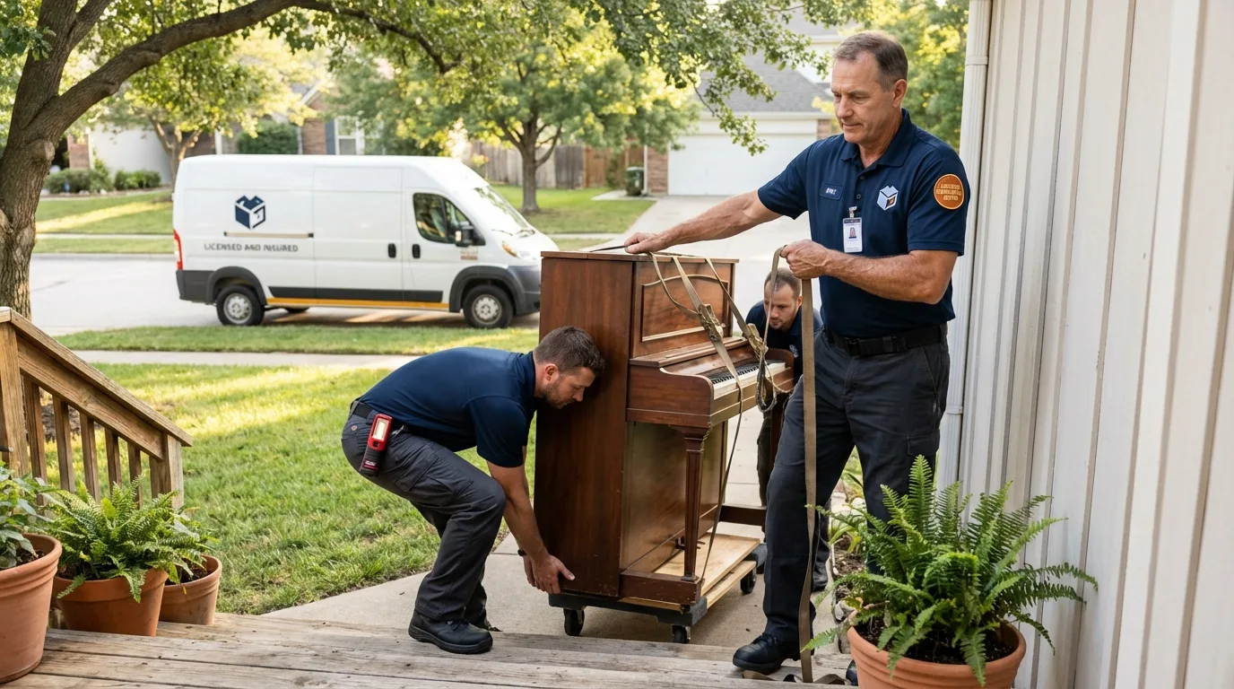 Licensed piano movers securing grand piano in Chatham, IL