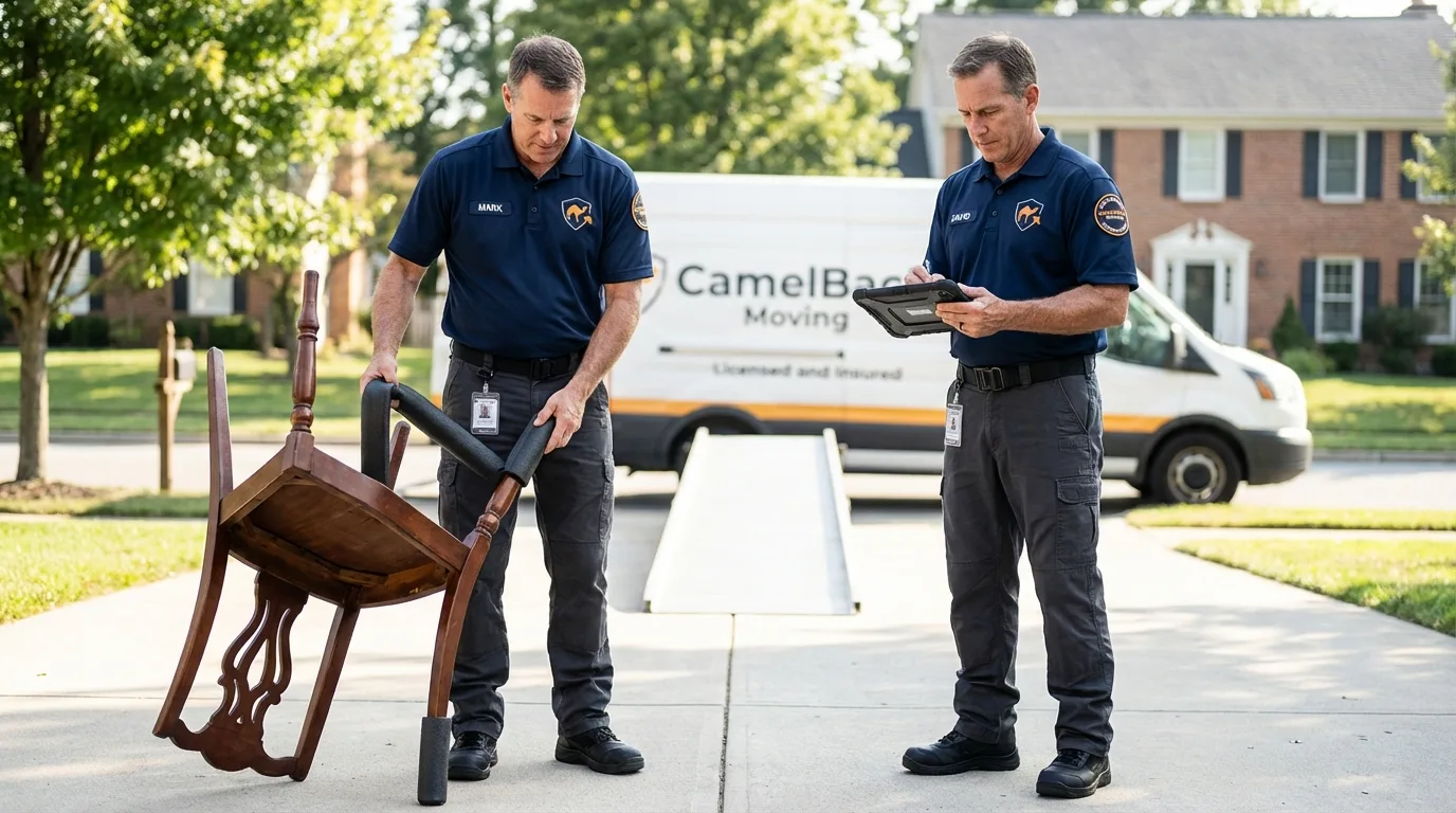 Movers inspecting furniture for damage prevention before loading in Chatham, IL