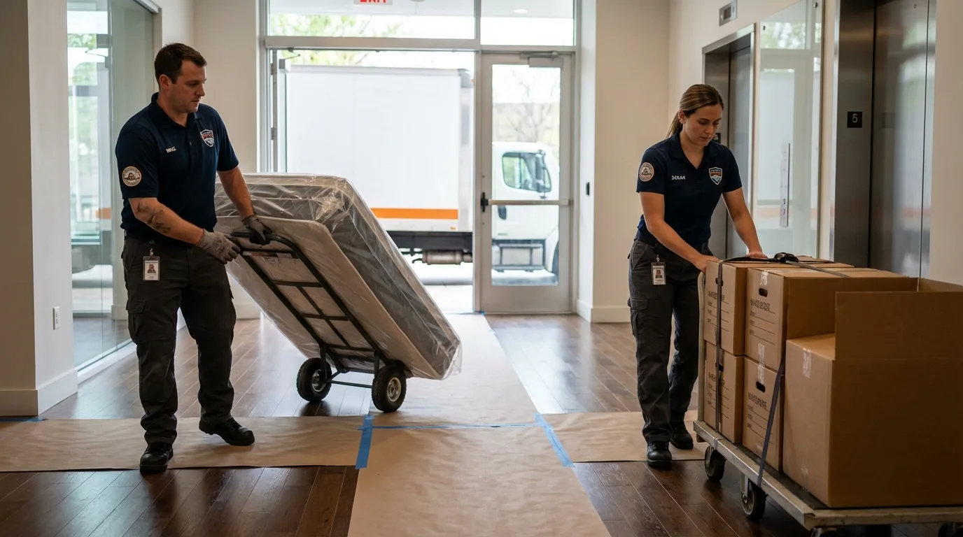 Professional apartment movers loading elevator in Chatham, IL